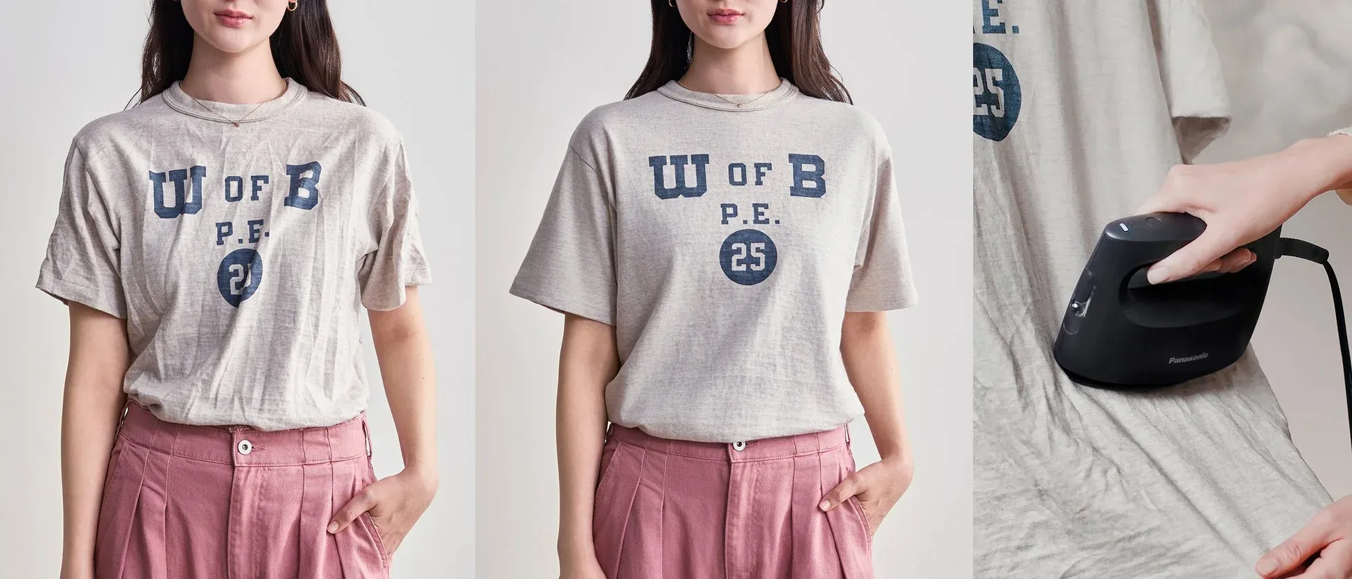 女性がシワのあるTシャツをパナソニックの衣類スチーマーでアイロンがけし、シワが伸びた状態を比較している画像。