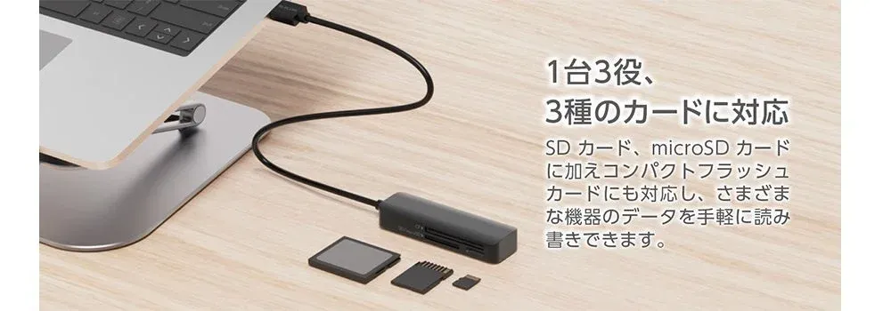 ノートパソコンに接続された多機能カードリーダー