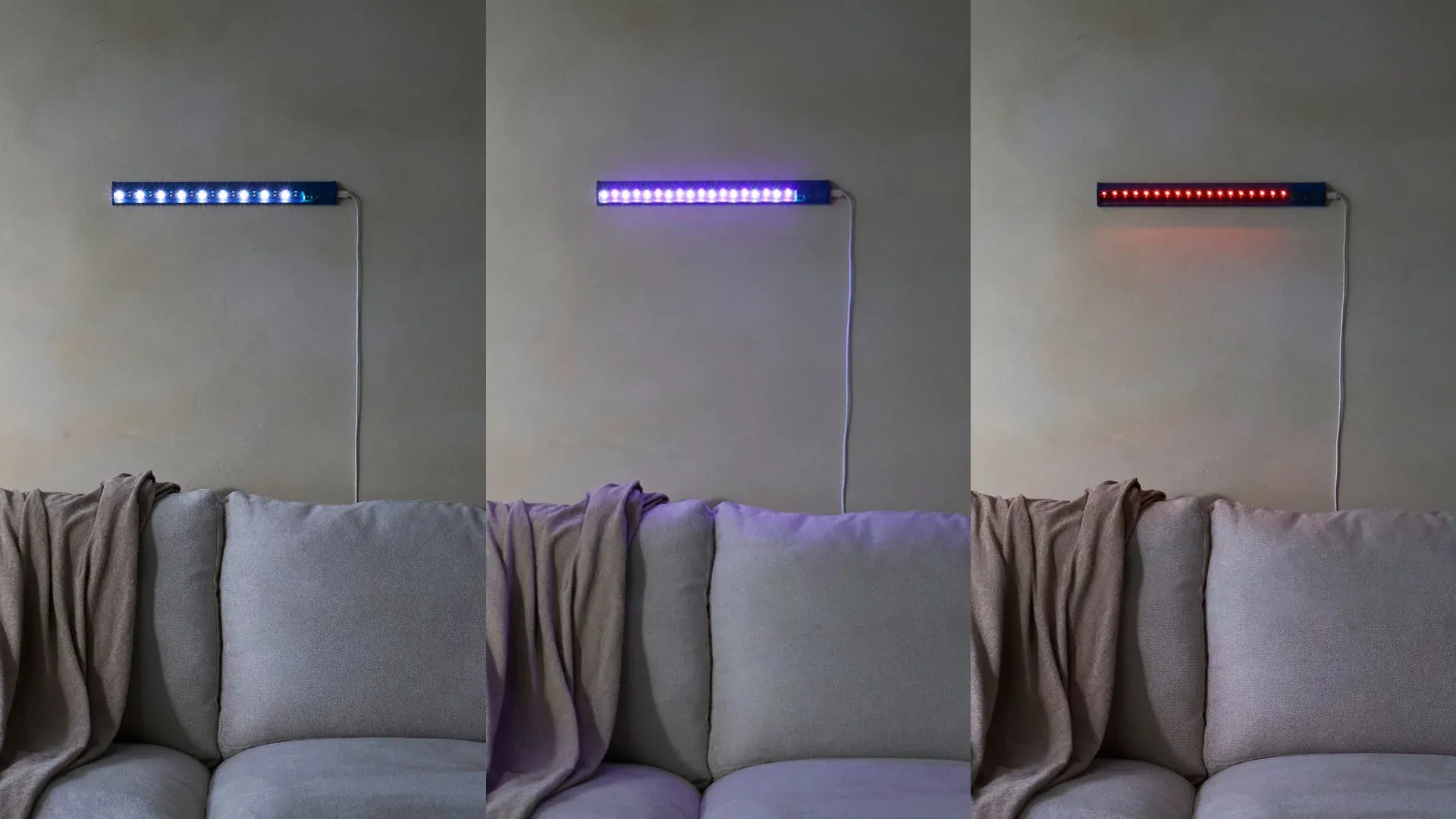 LEDライト、照明、ソファ、リビング、インテリア、壁掛け照明、カラーライト、間接照明、部屋、自宅、寝室、ムードライト、ストリップライト、スマート照明、RGBライト