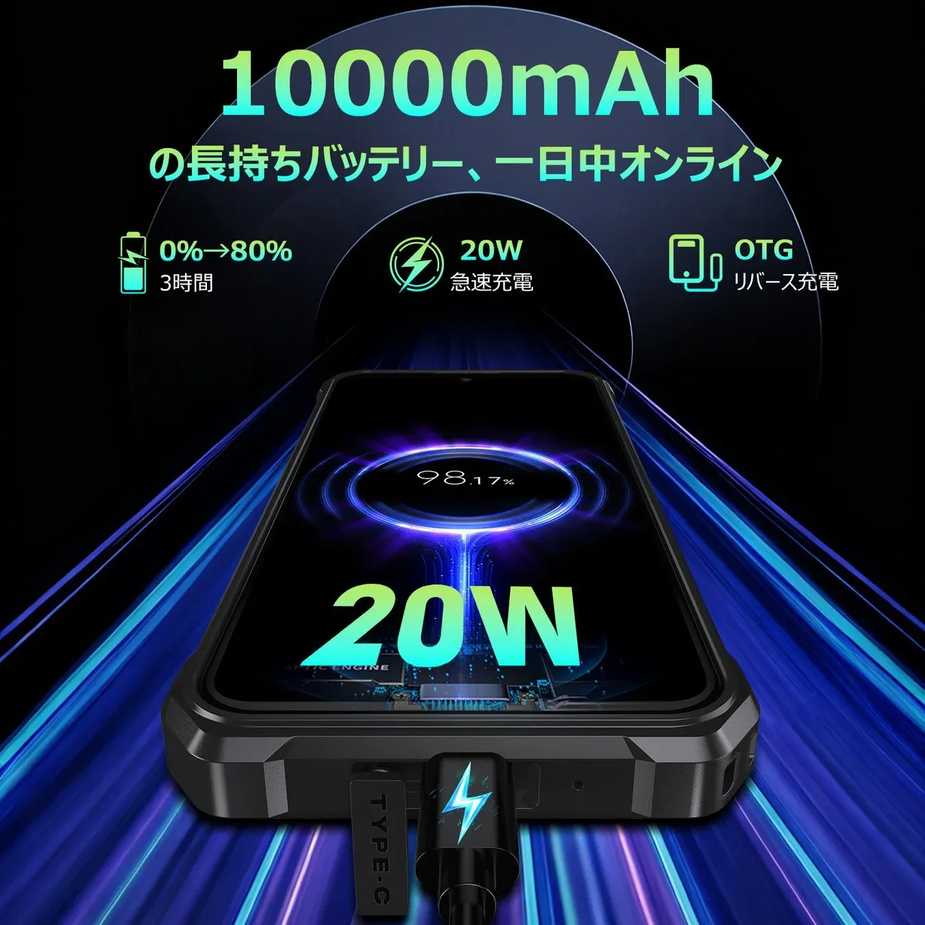 10000mAhの長持ちバッテリー