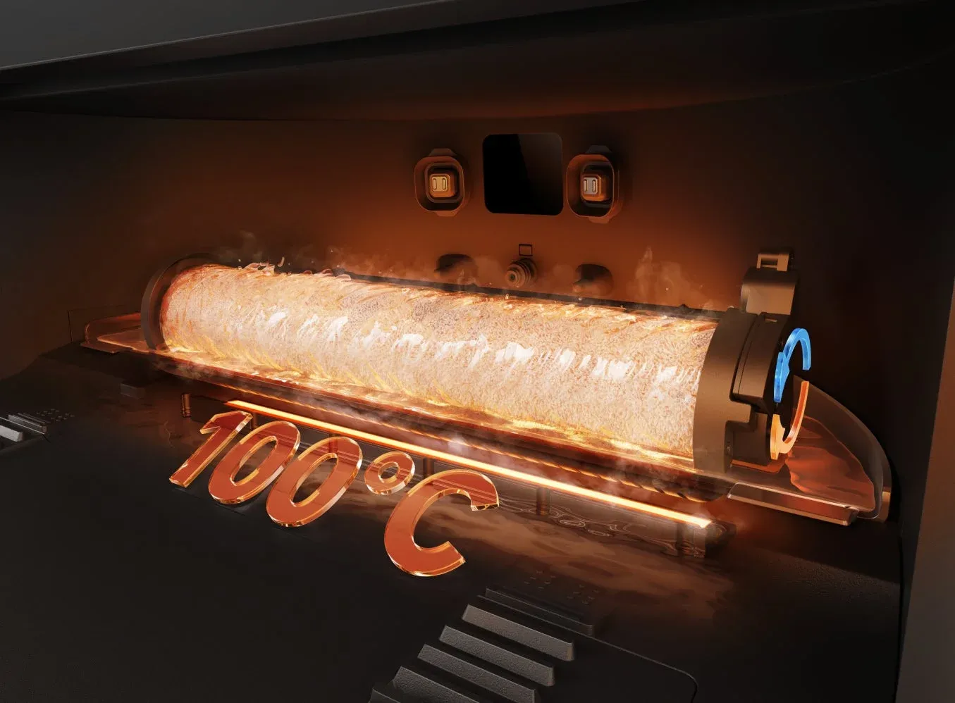 円筒状の容器内で100℃の熱で加熱される様子