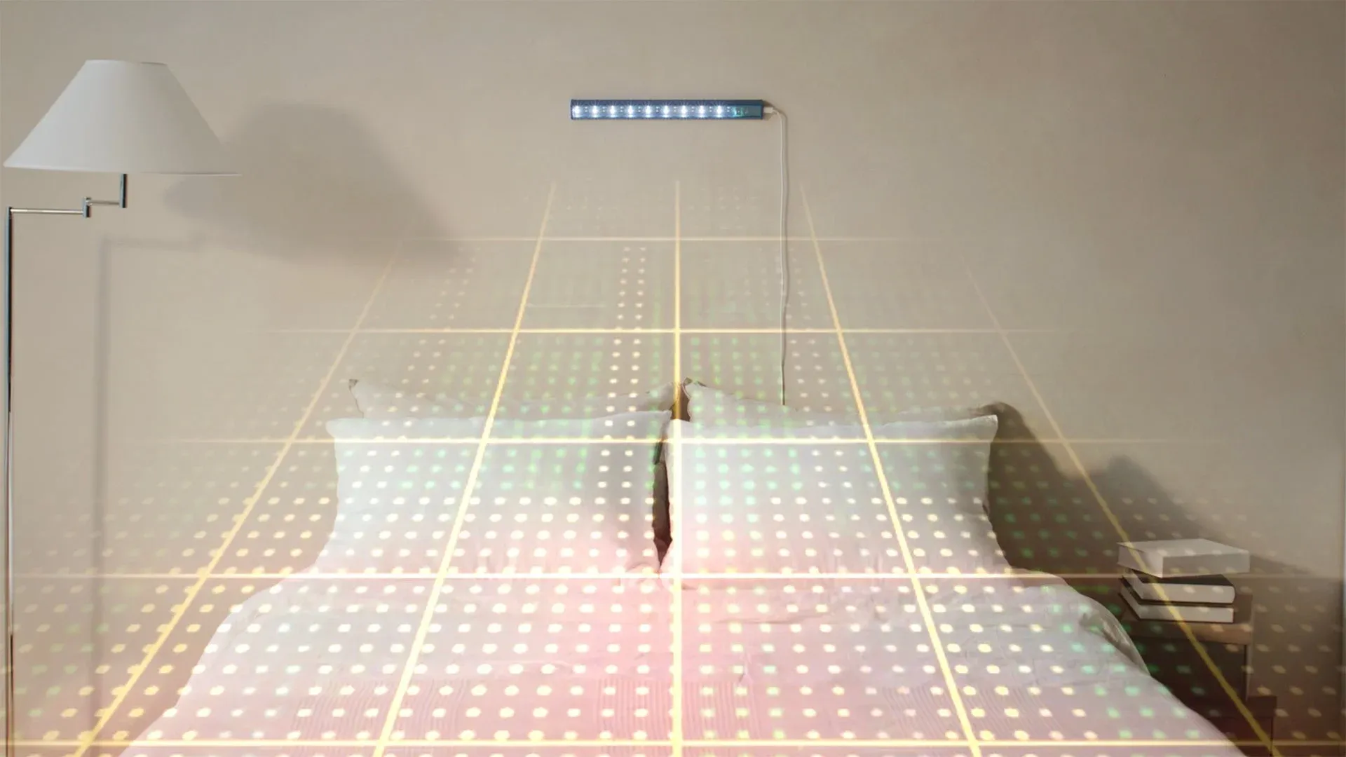 ベッドルーム、ベッド、照明、LEDライト、プロジェクション、グリッドパターン、未来的な、テクノロジー、インテリア、寝室