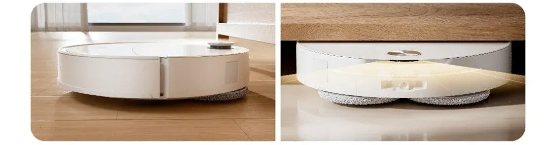 白いロボット掃除機が低い家具の下を掃除している様子