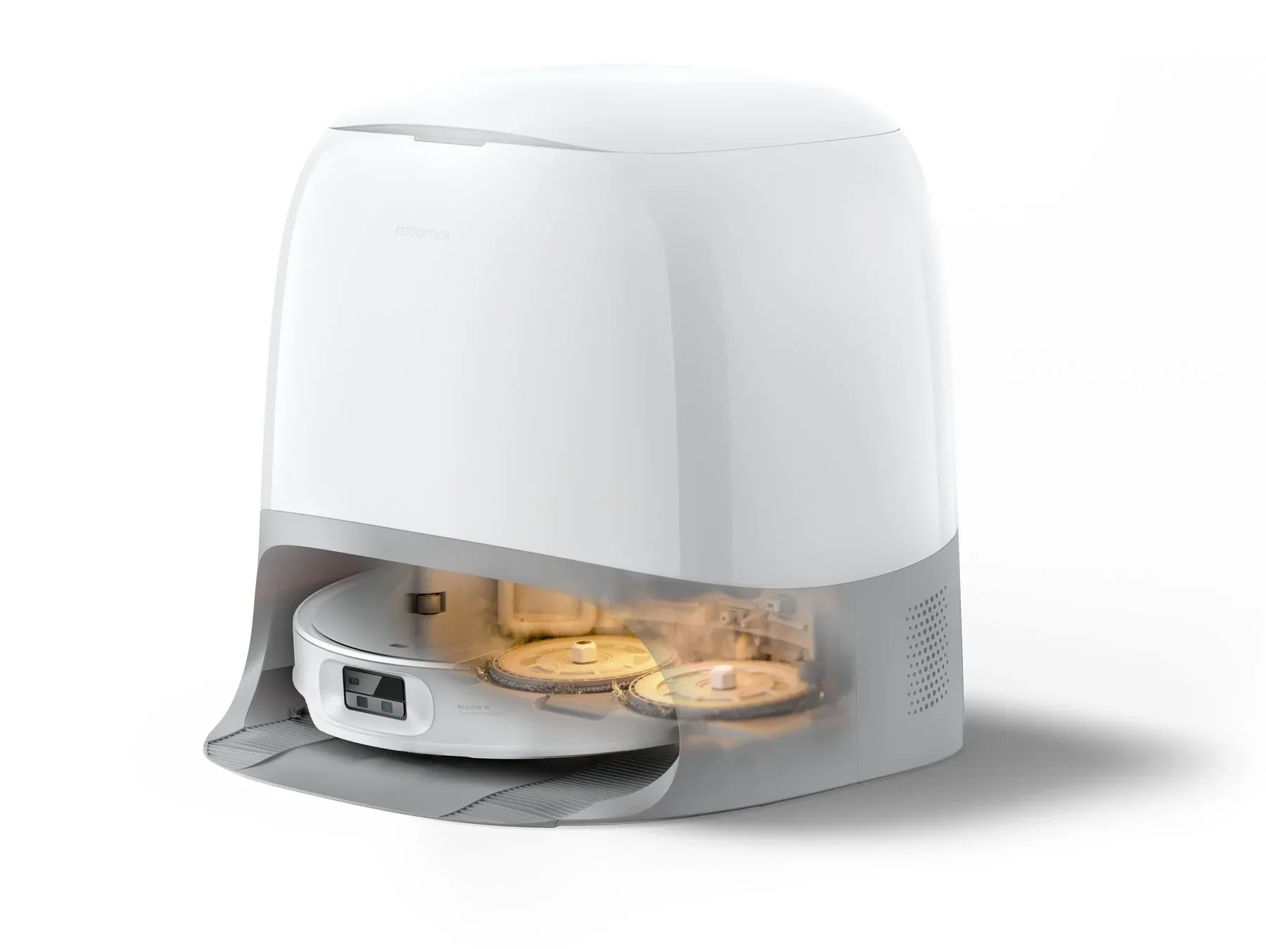 白いRoborock製ロボット掃除機と、その自動清掃・充電ステーションが写っており、ステーション内部でモップが乾燥・洗浄されている様子