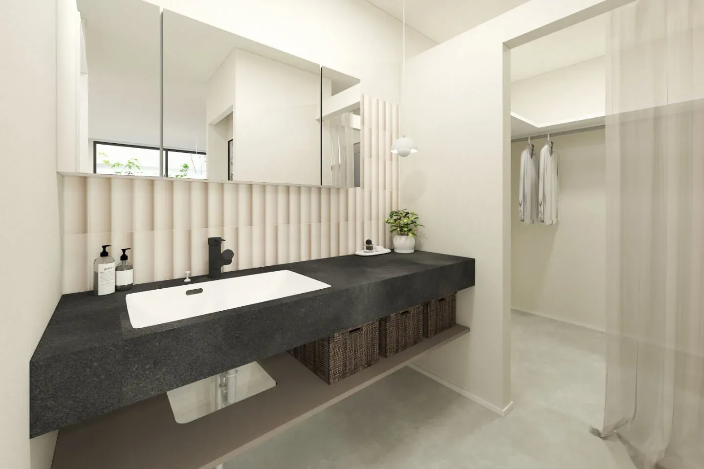 モダンで機能的な洗面所とウォークインクローゼット