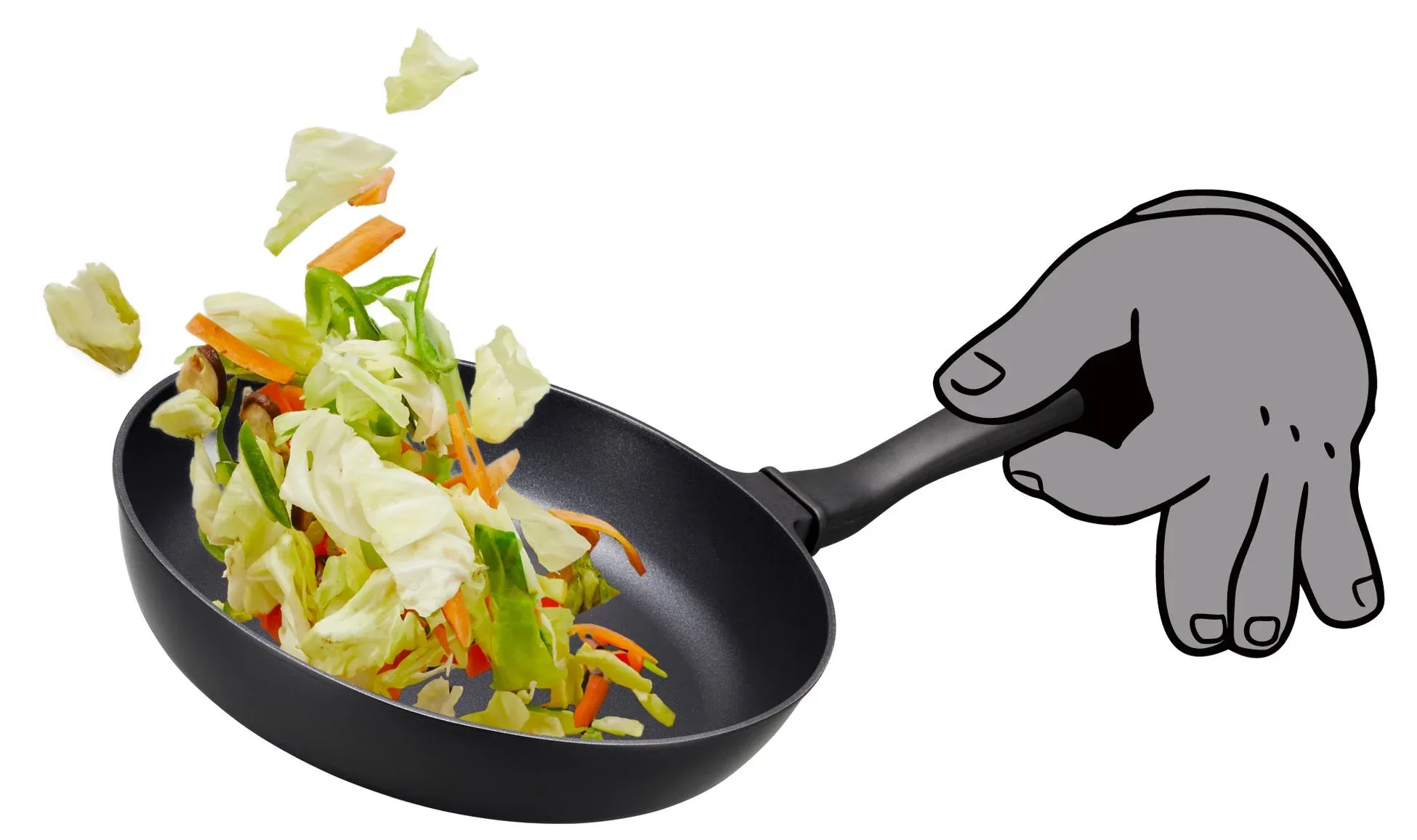 野菜が宙に舞う調理風景のイラスト