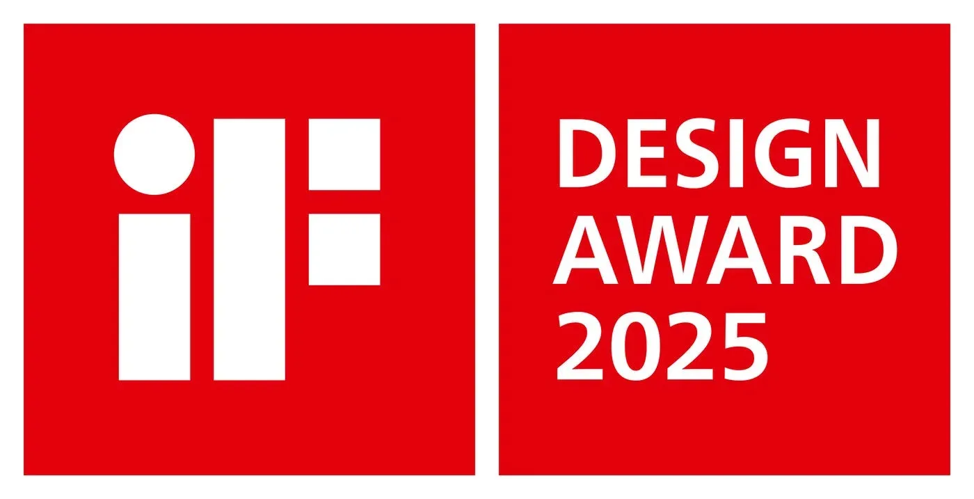 iFデザインアワード2025のロゴマークです。赤色の背景に白字で「iF」のロゴと「DESIGN AWARD 2025」の文字が配置されており、国際的なデザイン賞を象徴しています。