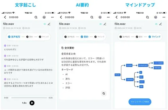 AI文字起こし、要約、マインドマップ機能のアプリ画面