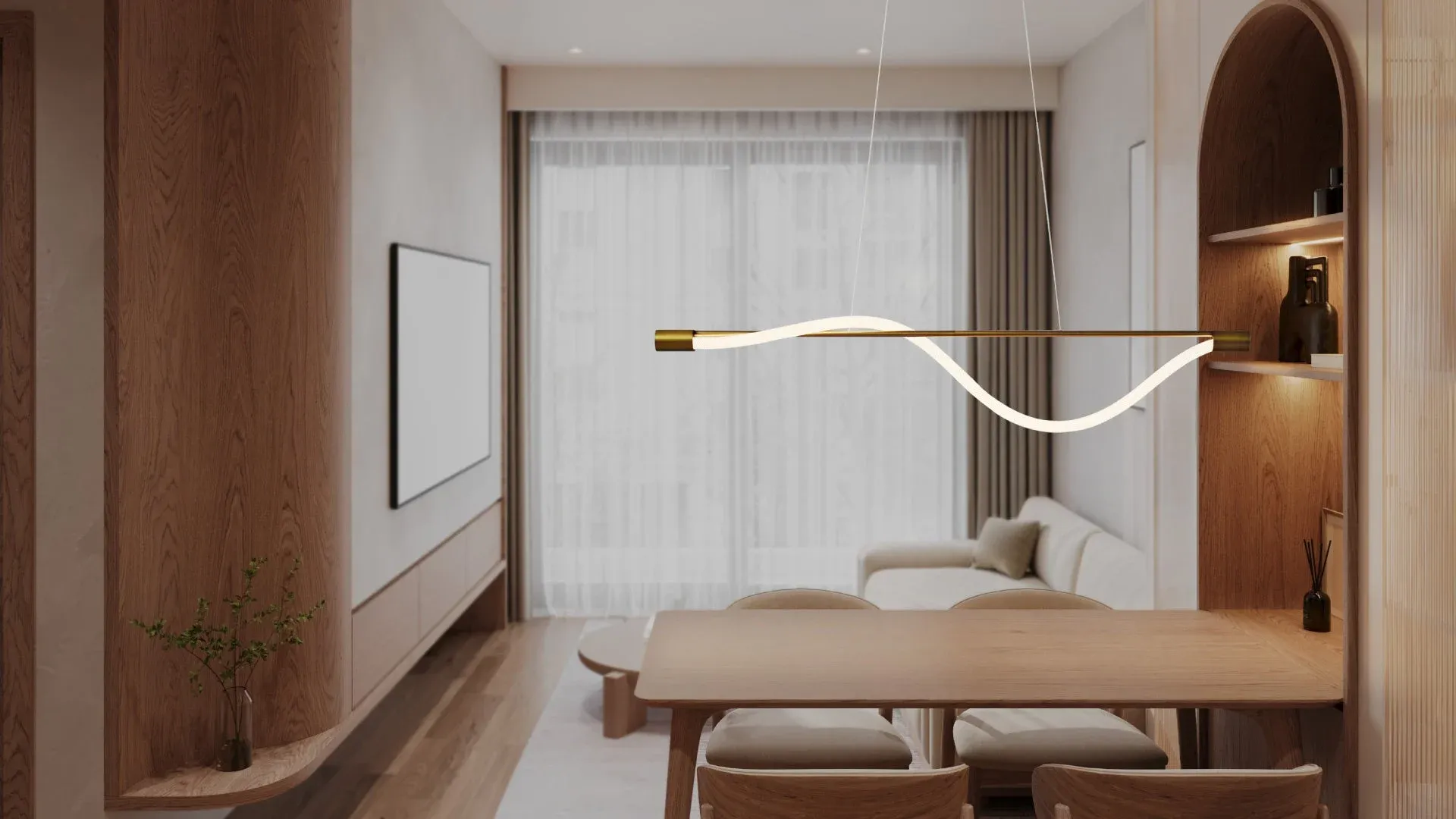 木材を基調としたモダンでミニマリストなリビングダイニング空間。