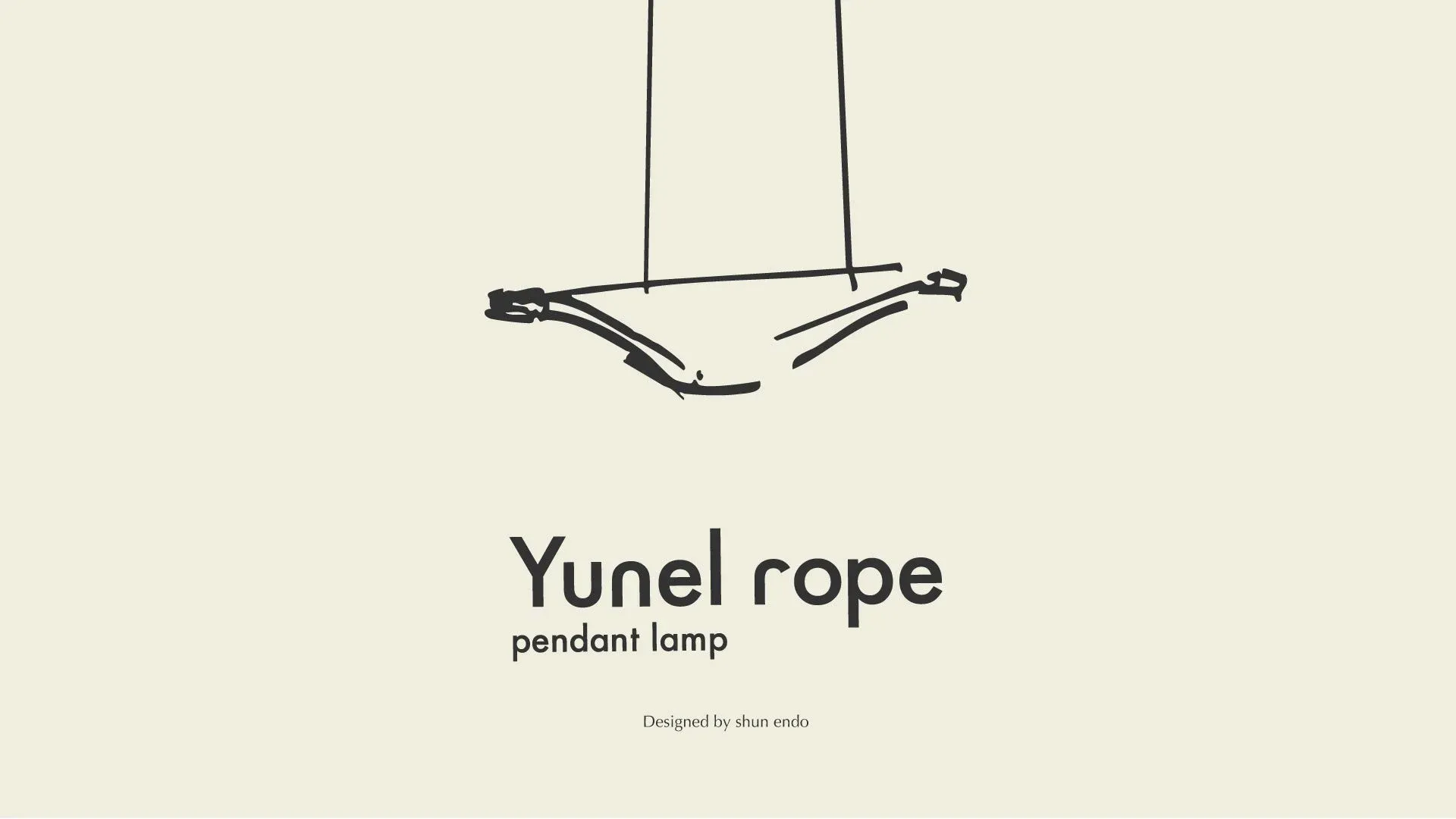 「Yunel rope pendant lamp」と書かれた、デザイナーShun Endoによるロープ製ペンダントライトのミニマリストなデザイン画です。