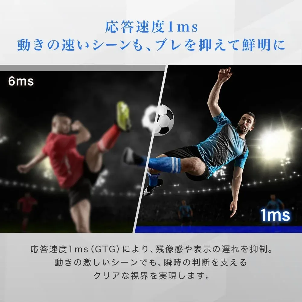 応答速度1ms 動きの速いシーンも、ブレを抑えて鮮明に