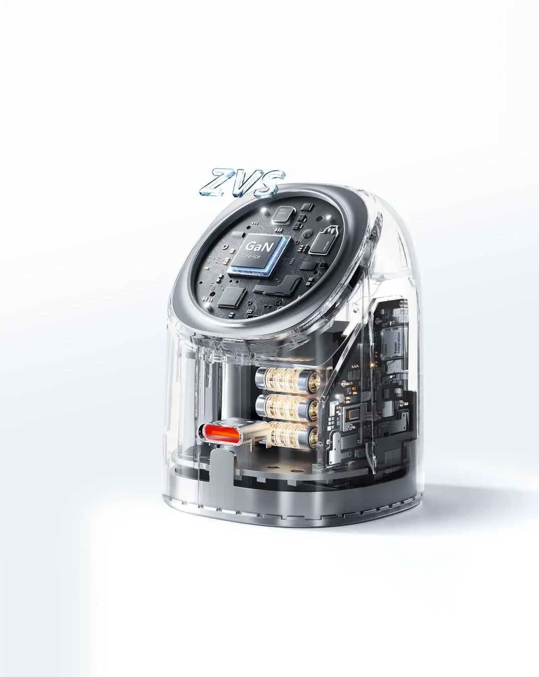 充電器の内部構造を示す透明なケースの画像