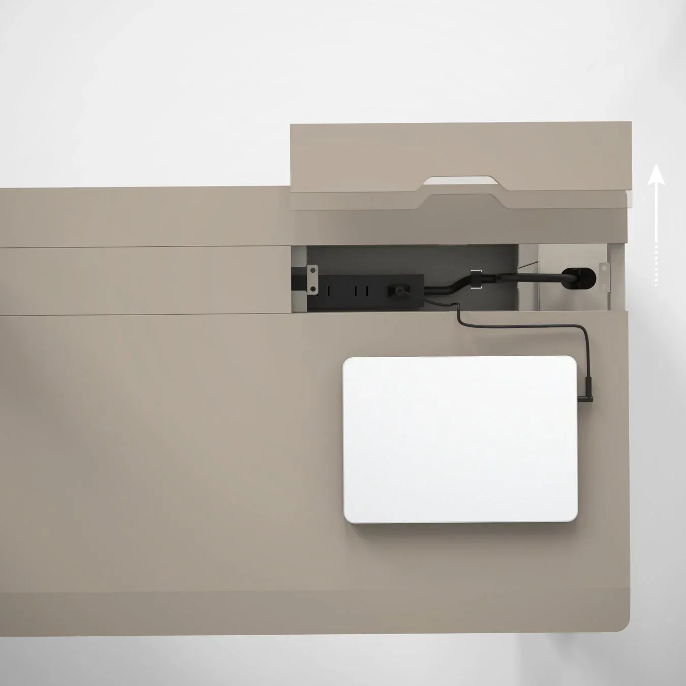 ベージュ色の家具の隠し収納部分が開いており、内部に電源タップと複数のケーブルが整理されて収められています