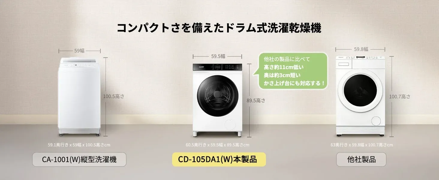 Comfeeドラム式洗濯乾燥機サイズ比較