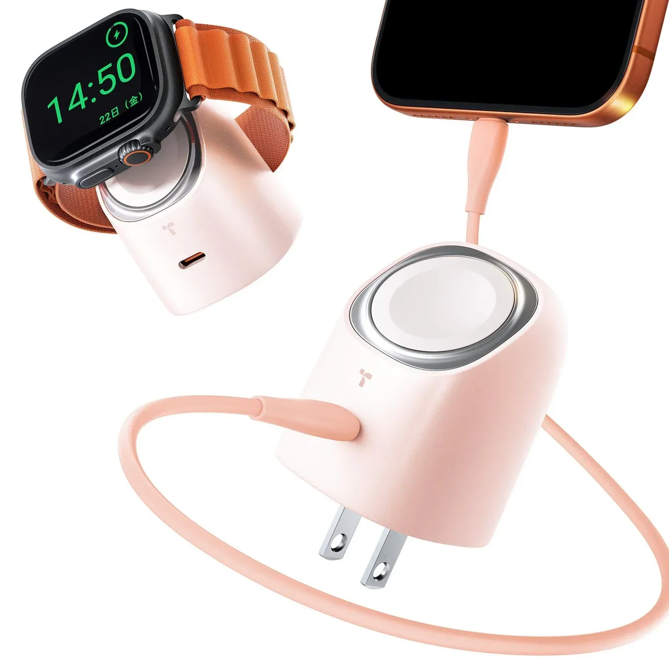 ピンクの充電器でApple WatchとiPhoneを充電する様子