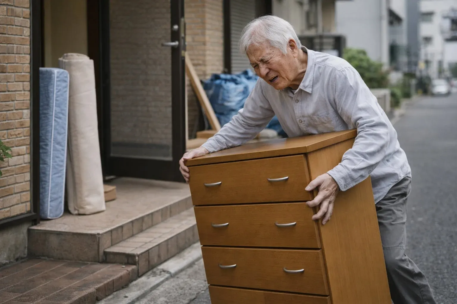 高齢の男性がタンスを運ぶ様子