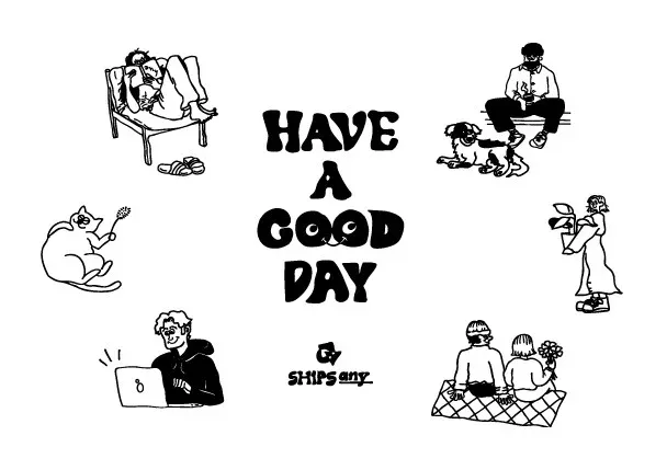 「HAVE A GOOD DAY」というメッセージを中心に、様々な人々や動物が日常生活を楽しむ様子を描いた白黒イラスト