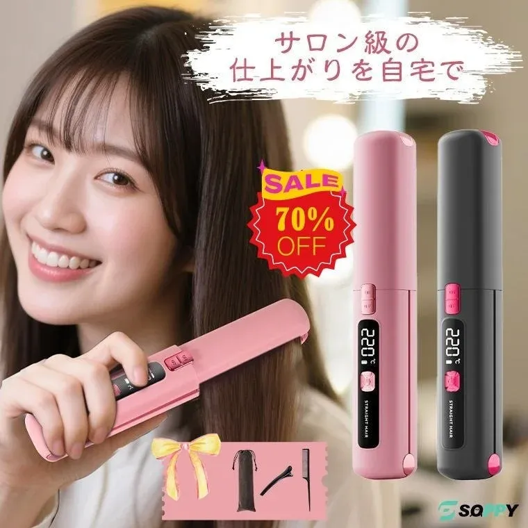 笑顔の女性がピンクのコードレスヘアアイロンを使用している画像