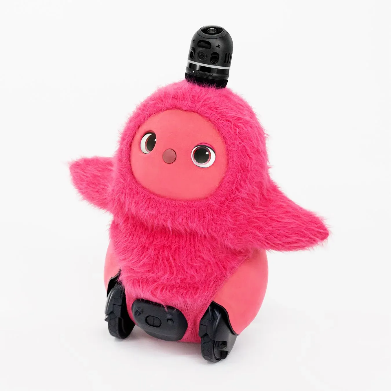 ピンク色のふわふわした毛と大きな目を持つ可愛らしいロボット