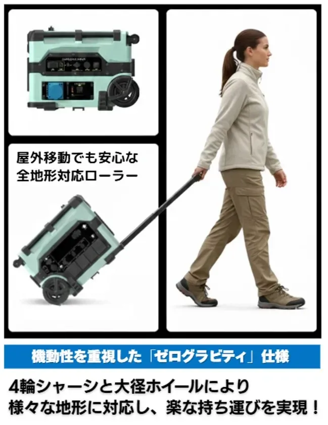 屋外移動でも安心な全地形対応ローラー 機動性を重視した「ゼログラビティ」仕様 4輪シャーシと大径ホイールにより様々な地形に対応し、楽な持ち運びを実現!