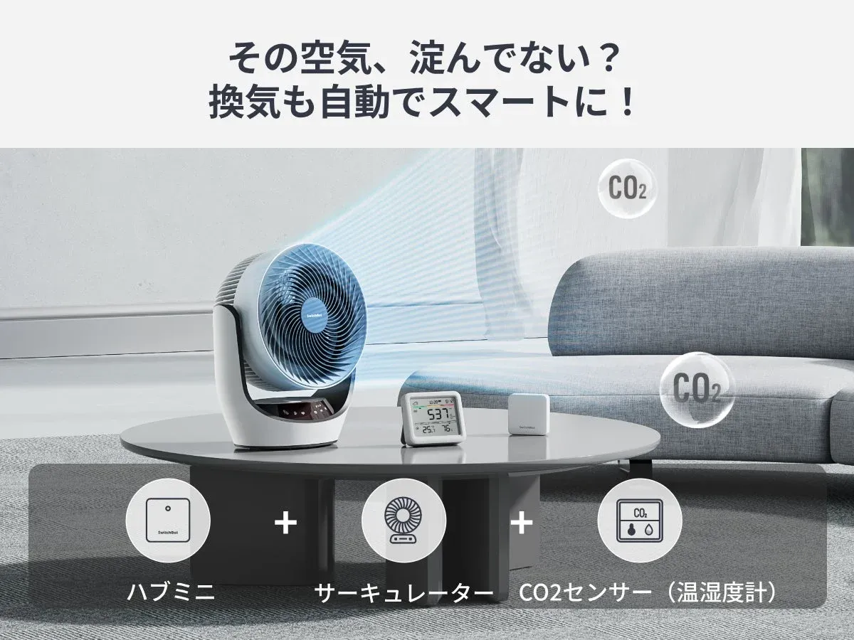 SwitchBotのスマート換気システムと製品連携イメージ